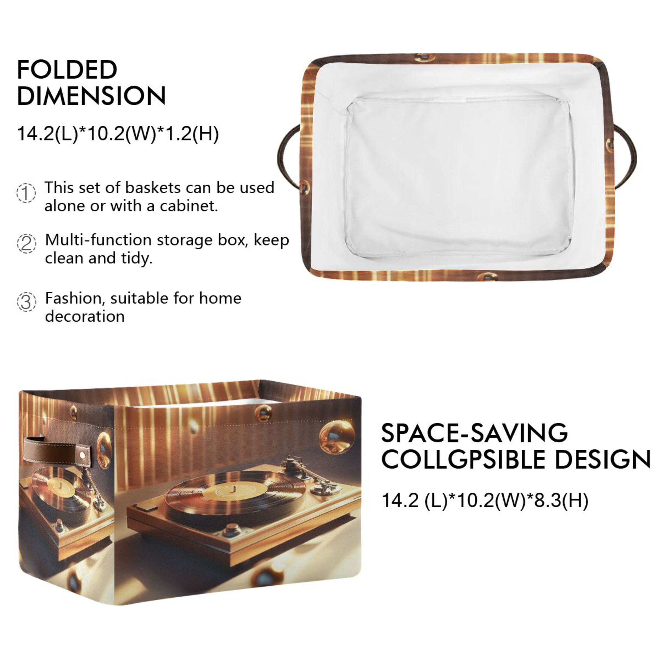 Vinyl Record Player Pattern Foldable Storage Basket,Canvas Fabric Foldable Storage Bins with Handles Open Home Storage Bins Boxes for Toy Book Shelf Closet Baskets
