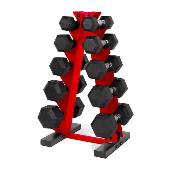 Rubber Hex Dumbbell Set With Vertical Storage Rack, Heavy Duty Free Weights Workout Equipment For Strength Training And Home Gym Fitness, Black Red, Multi Piece Set