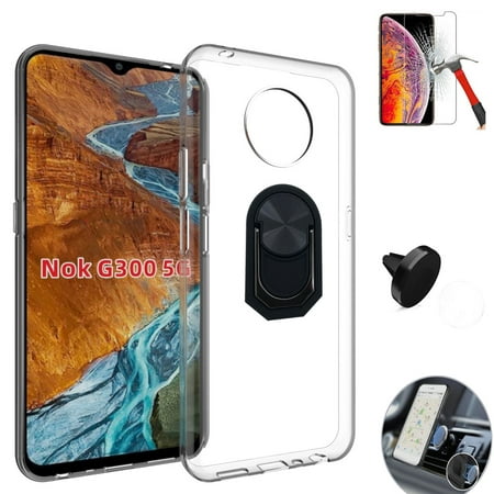 For Nokia G300 5G Case / N1374DL Screen Protector / G300 5G Phone Stand / G300 5g Flex Gel Case (GGel Transparent +Tempered Glass +2in1 Ring +Car Mount)
