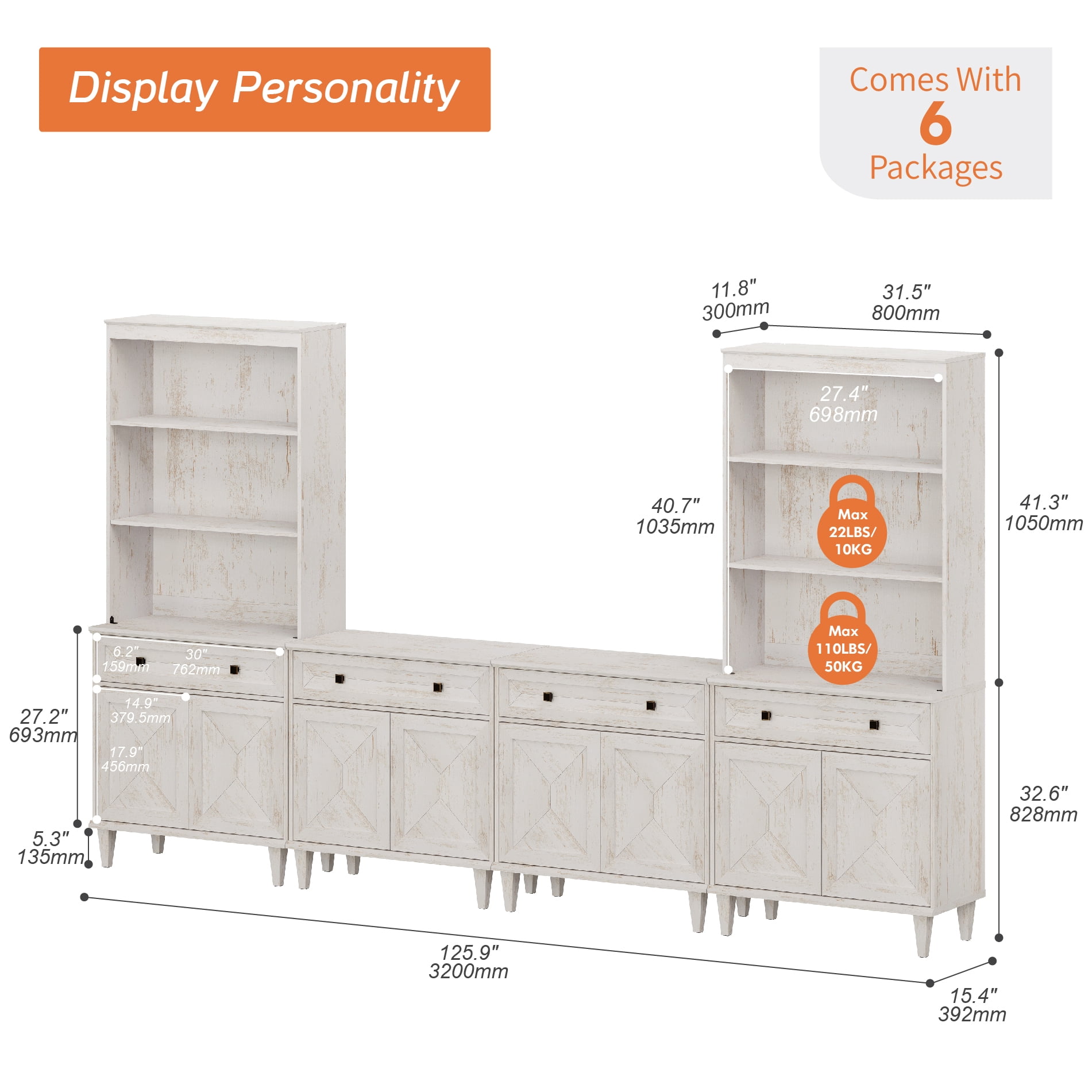WAMPAT Patchwork 126" TV Stand with Cabinets and Shelves for 70" TV,White