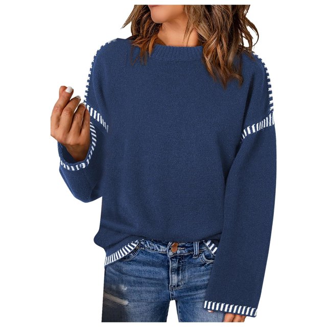 Wyzesi Pull Femme Plus Confortable Automne Hiver Couleur Unie Tricoté avec Design en Blocs de Couleur Manches Longues Col Rond