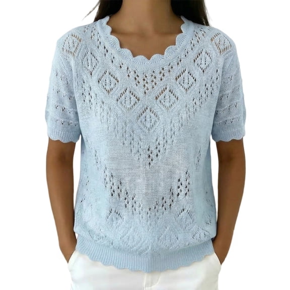 WCJM Womens Summer Crew Neck Short Sleeve Sweater Casual Crochet Hollow Out Knit Pullover Beach Coverup (Light Blue,S)