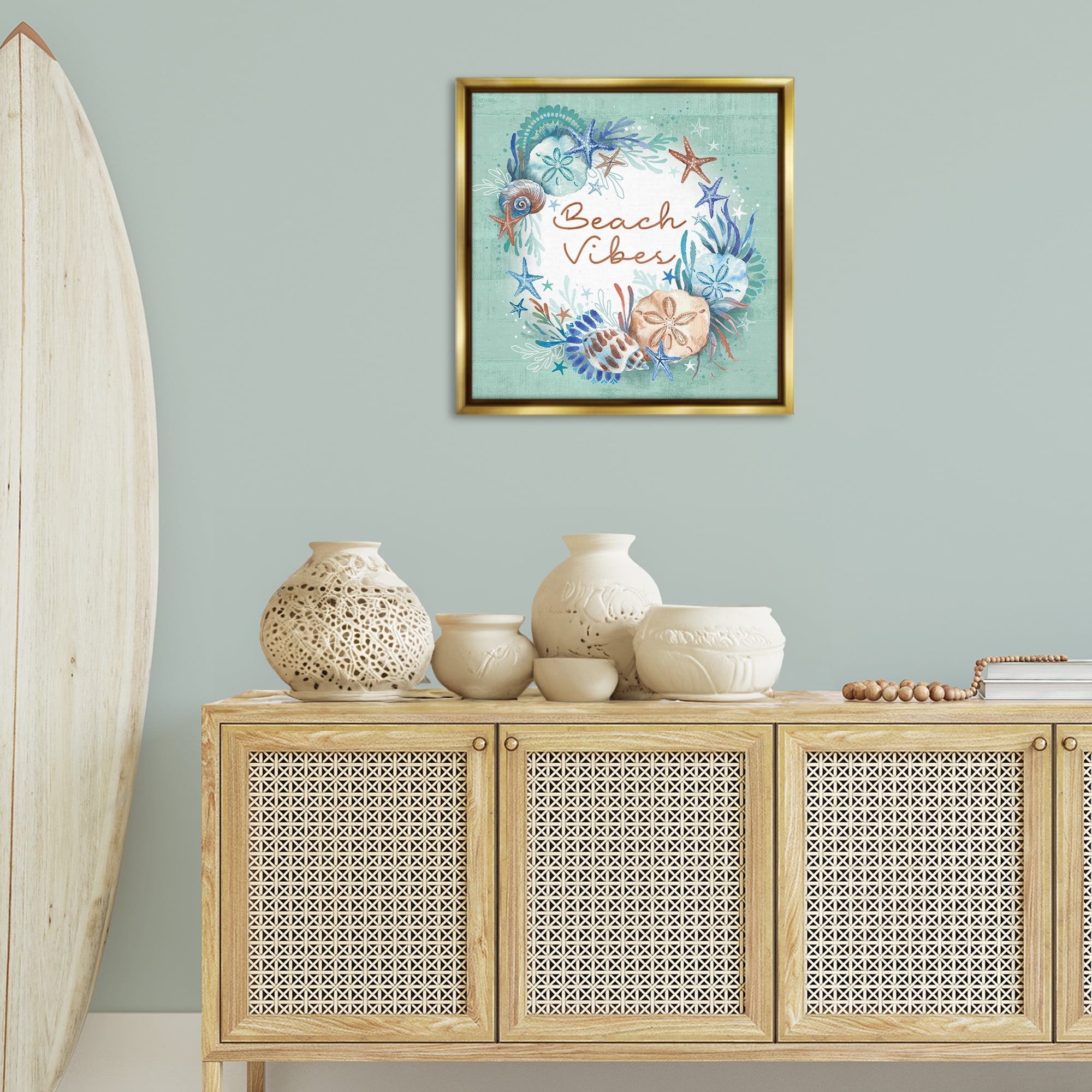 Stupell Industries Beach Vibes & Seashells Coastal Painting Gold Floater Framed Canvas Art Print Wall Art, 25 x 25