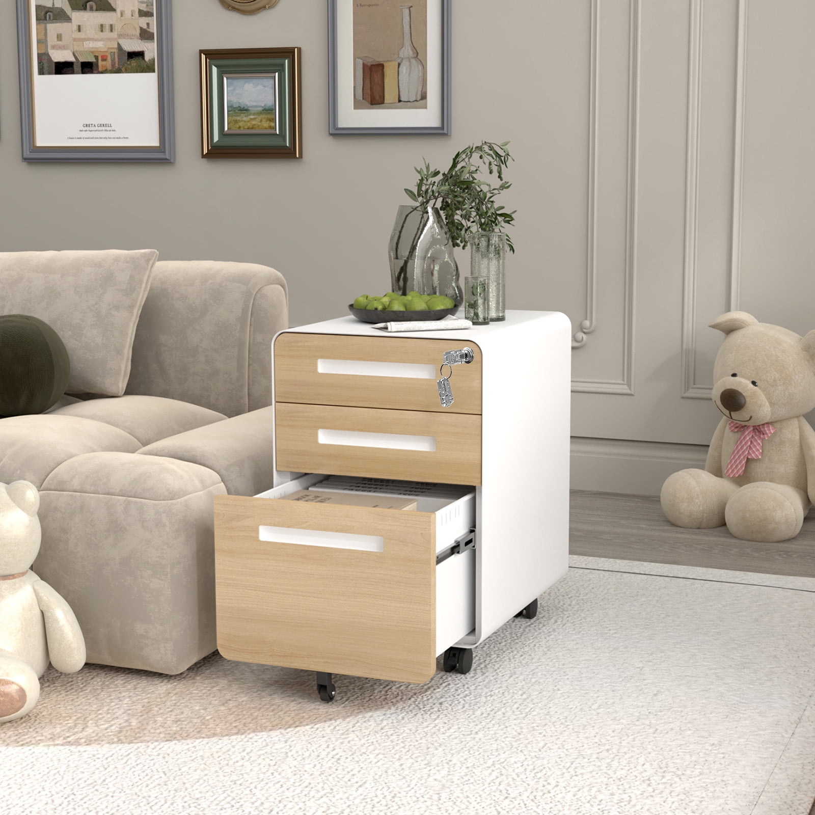 Towallmark Secure 3 Drawer Metal File Cabinet with Lock – Fully Assembled Mobile Filing Cabinet for Home Office, Anti-Tilt 5 Wheels, Under Desk Storage for A4/Letter/Legal Size – Wood Grain