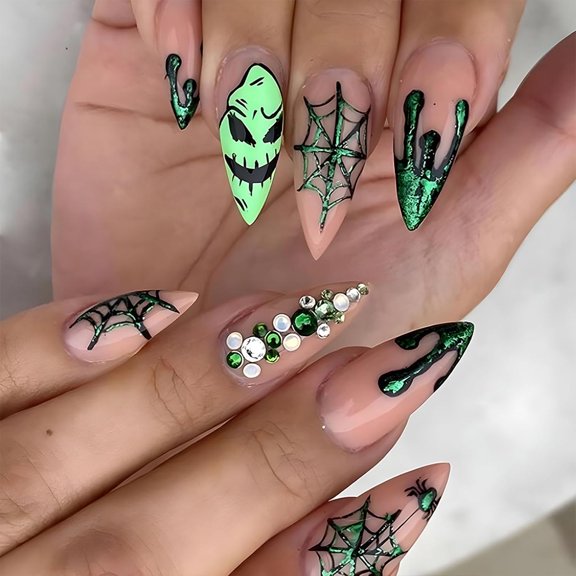 Halloween Press on Nails Medium Almond Fake Nails Full Cover Nightmare Nails Christmas Nails Spider Web False Nails Matte Glue on Nails Artificial Acrylic Nails for Women Girls 24 Pcs Halloween