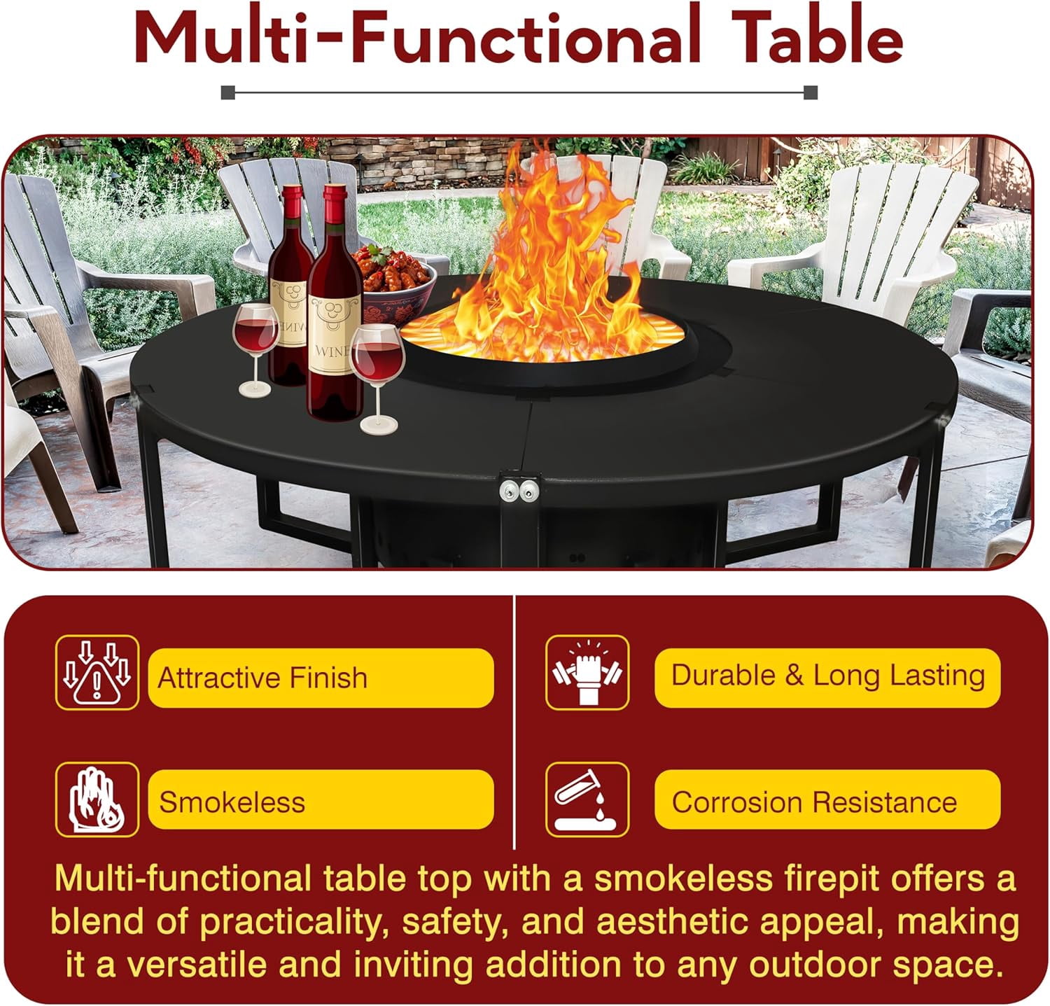 21.6 Inch Smokeless Firepit with Round Table Top - Efficient and Safe Bonfire Fire Pit - Perfect Smokeless Fire Pits for Outside Gatherings with Family and Friends