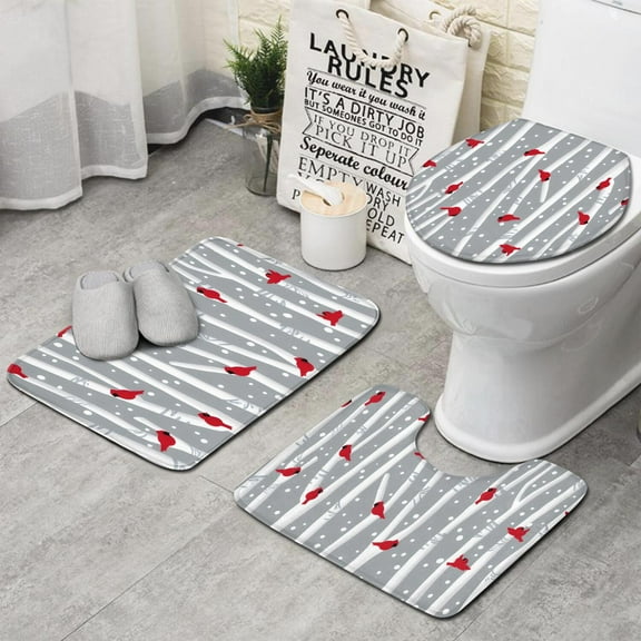Gray Christmas Cardinal Bird Pattern Bathroom Rugs Sets 3 Piece,Toilet Cover Set,Absorbent Non Slip Bathroom Mats Sets with U-Shaped Contour Rug Toilet Rug Set