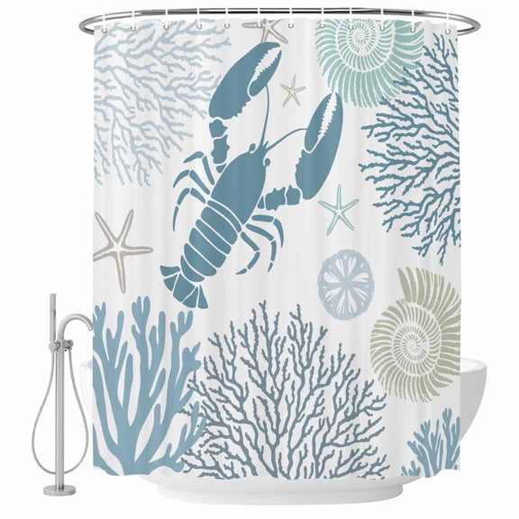 Xipuska Teal Blue Coastal Shower Curtain - Water Repellent Fabric Shower Curtains Washable, Summer Lobster Coral Nautical Decorative Polyester Cloth Bathroom Curtains Modern Bath Decor 36"x72"