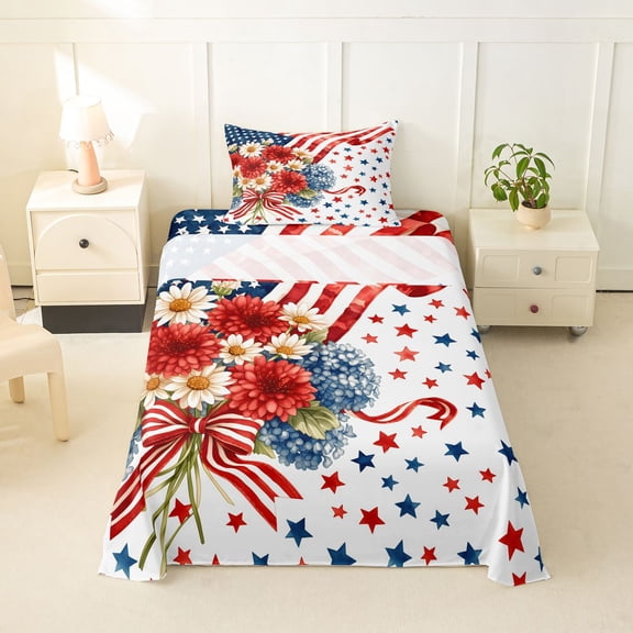 Manfei Watercolor Flowers Stars Twin Sheets,Us Flag 4Th Of July Bedding,Red White Blue,3-Piece,1 Fitted Sheet and 1 Pillowcase