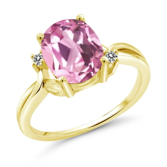 Gem Stone King 18K Yellow Gold Plated Silver Light Pink Created Sapphire and White Diamond 3 Stone Ring for Women | 3.03 Cttw | Oval 10X8MM | Wedding Engagement Anniversary Promise Ring | Size 5