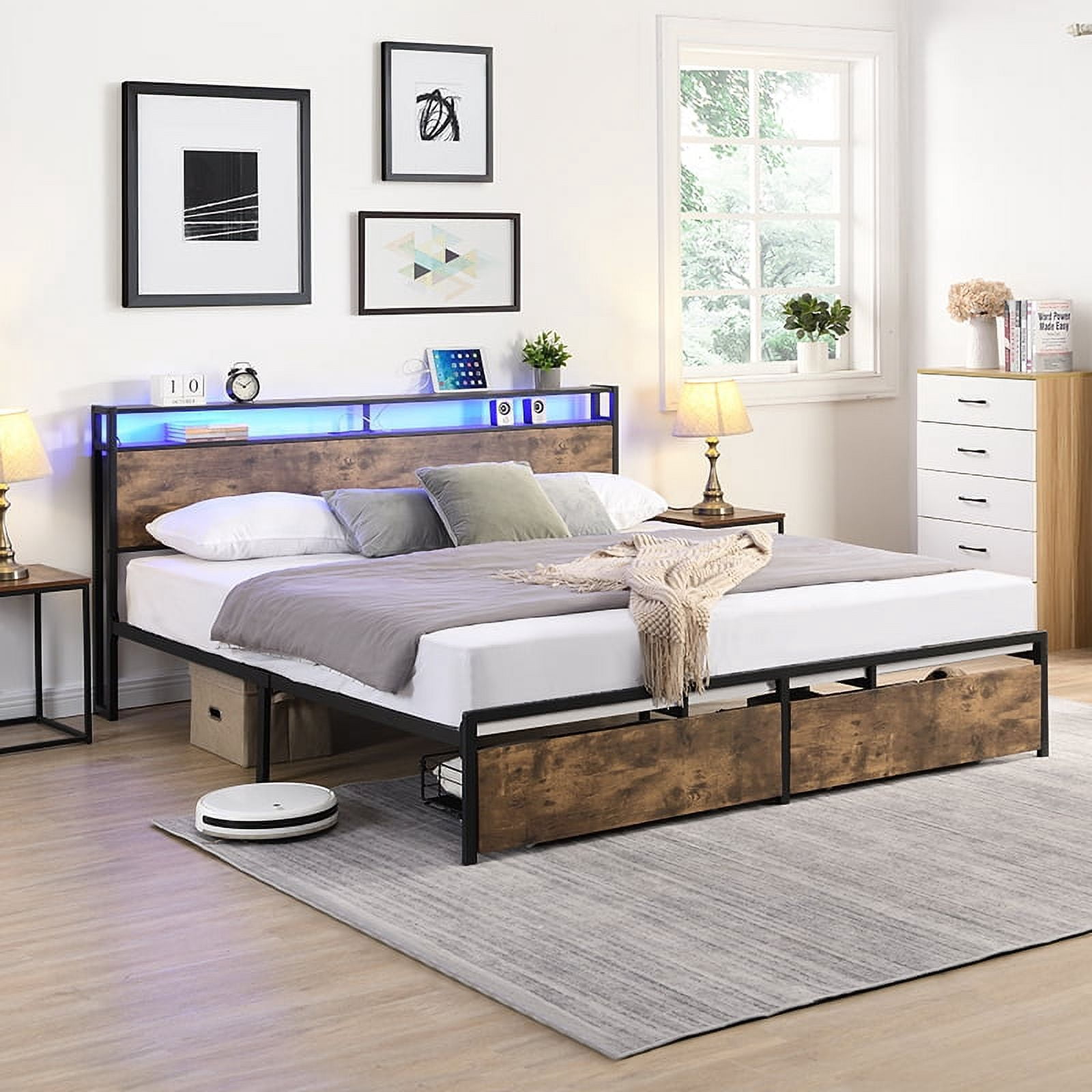 Queen Bed Frame with Storage Headboard with Charging Station,Noise Free, No Box Spring Needed, Easy Assembly,Dark Brown