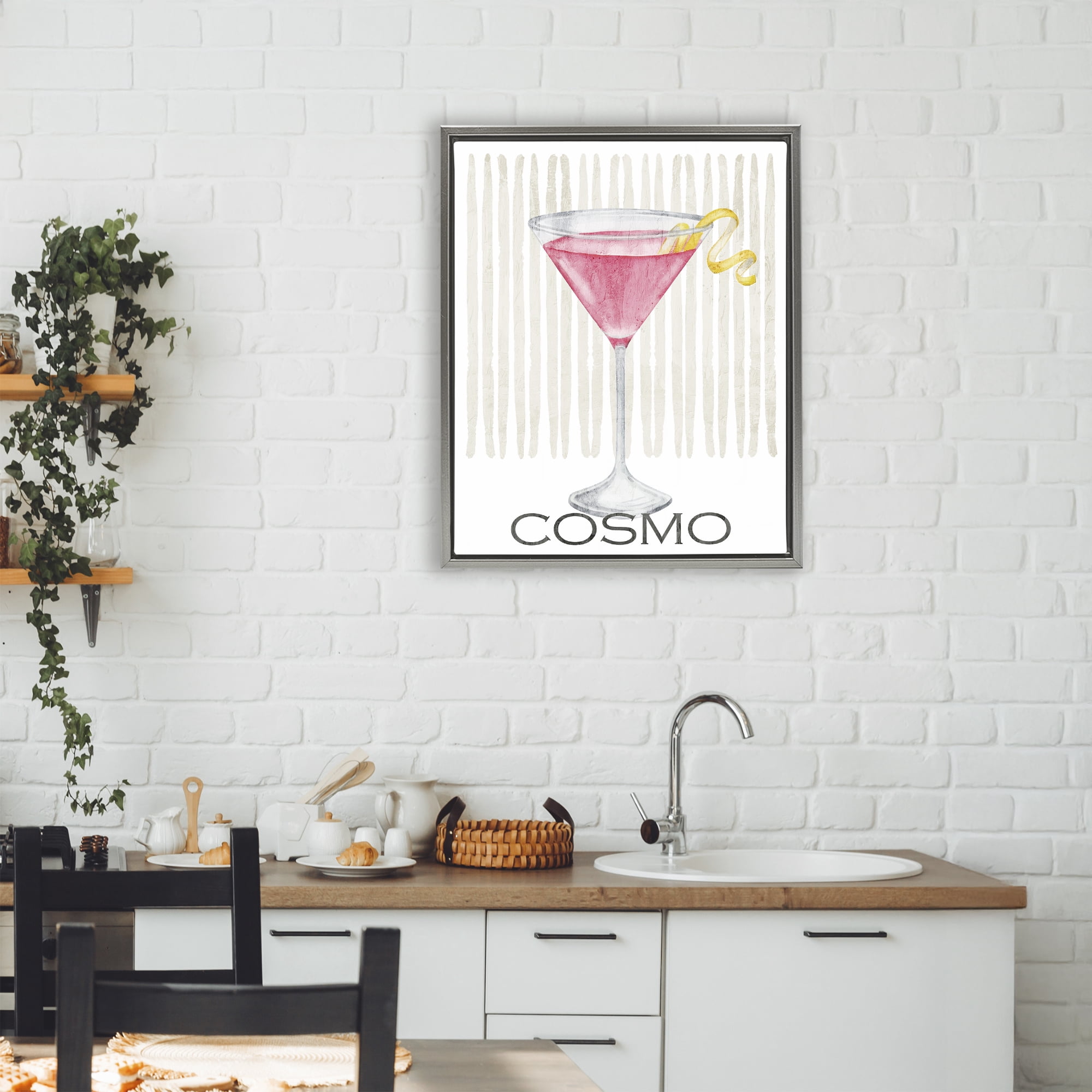 Stupell Industries Pink Cosmo on Stripes Gray Framed Floater Canvas Wall Art, design by Kim Allen