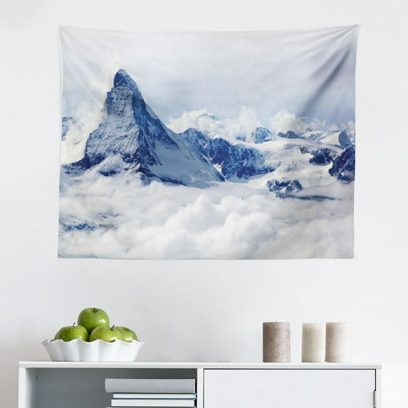 Mountain Tapestry, Snowy Mountain Summit Clouds in The Sky Tranquility in Wild Nature Theme, Fabric Wall Hanging Decor for Bedroom Living Room Dorm, 2 Sizes, White Black Blue, by Ambesonne