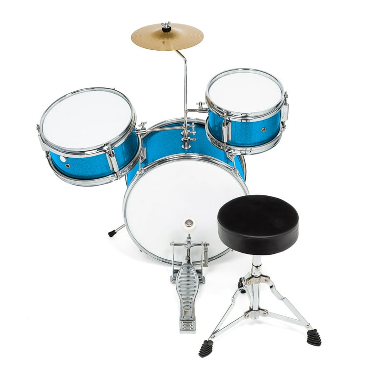 Kit de batterie Junior Blue métallisé – 3 pièces avec cymbale, pédale,  tabouret et