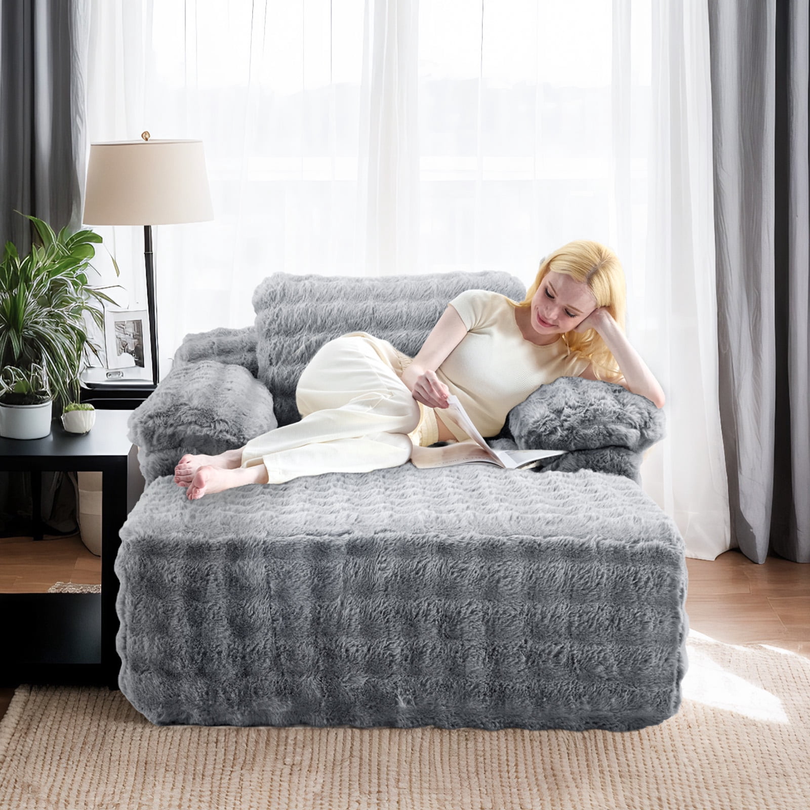 Ktaxon 68" Lounge Chair, Bubble Fleece Fabric Sofa Bed, Boneless Sleeper Chaise with Removable Backrest & Pillow-Top Armrests for Living Room Light Gray