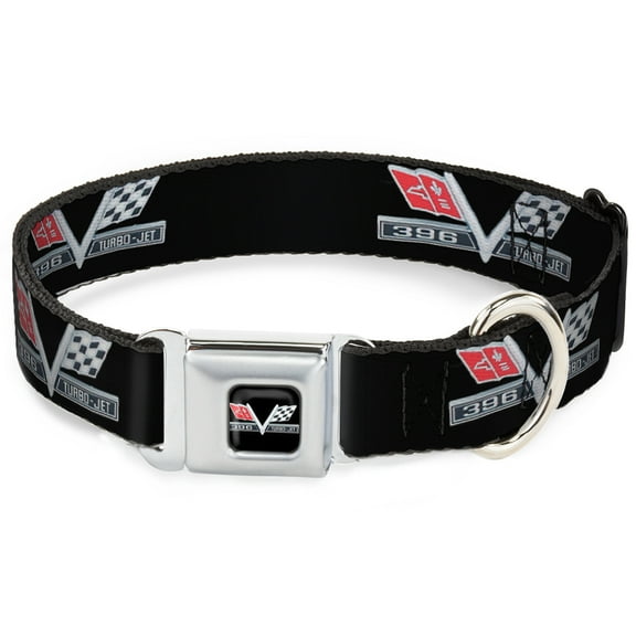 GM General Motors Pet Collar, Dog Collar Metal Seatbelt Buckle, 1967 Impala 396 Turbo Jet V Emblem Black Silver Red White, 15 to 24 Inches 1.0 Inch Wide