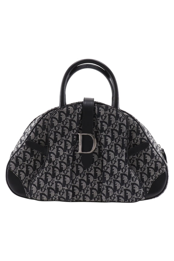 Pre-Owned Christian Dior Double Saddle Bag, Trotter Canvas, Navy Blue, A5, Zipper, Women's