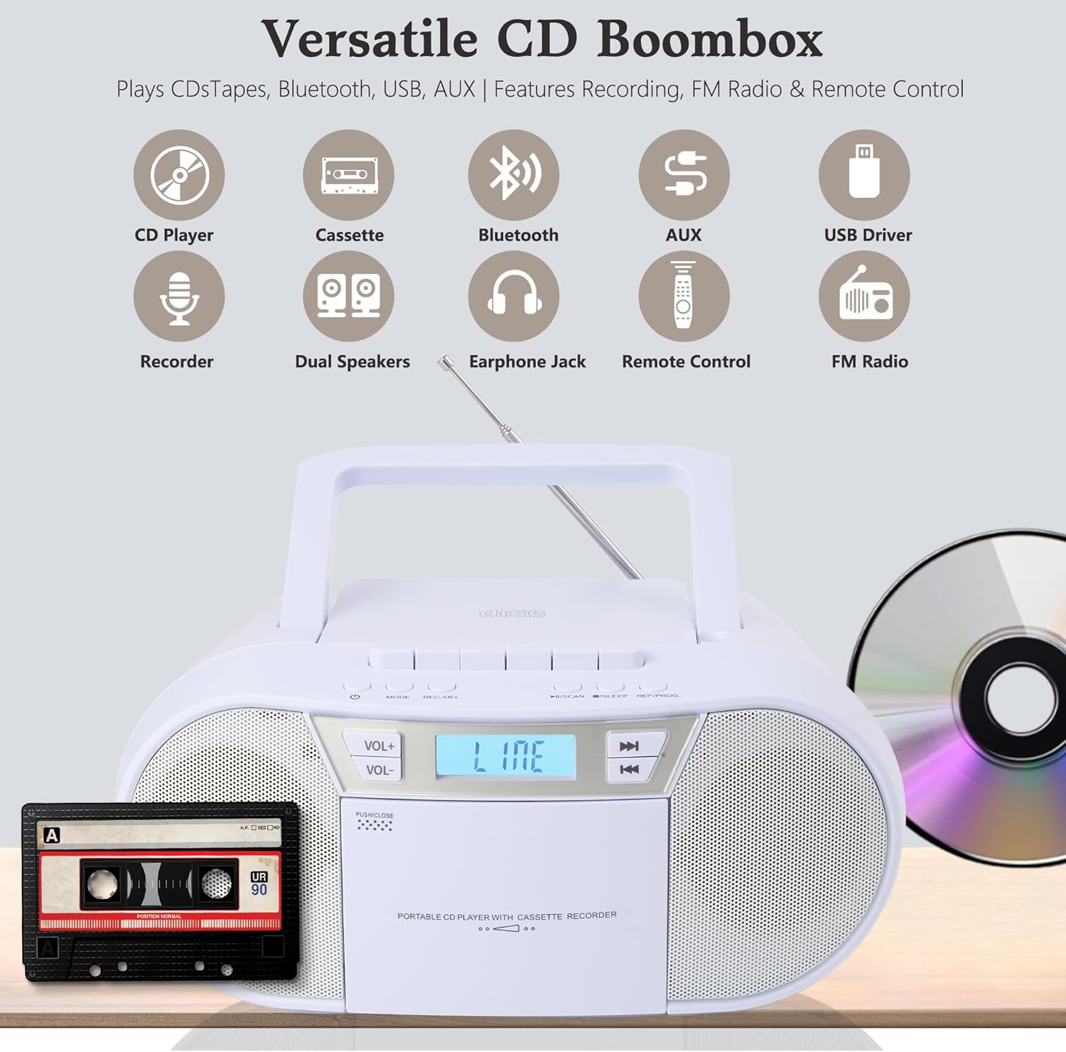 Boombox CD Player Portable, Cassette Player Combo with CD MP3 Bluetooth AUX TF USB FM Radio AC/DC Powered, with Remote Control, Headphone Jack, Stereo Sound for Home,Kids,Gift(White)