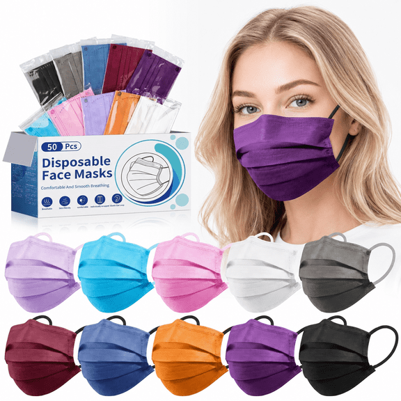 Disposable Face Mask for Adults - 4 Ply Protection, Individually Wrapped 50 Pack, 10 Colors, Breathable Comfortable & Safe