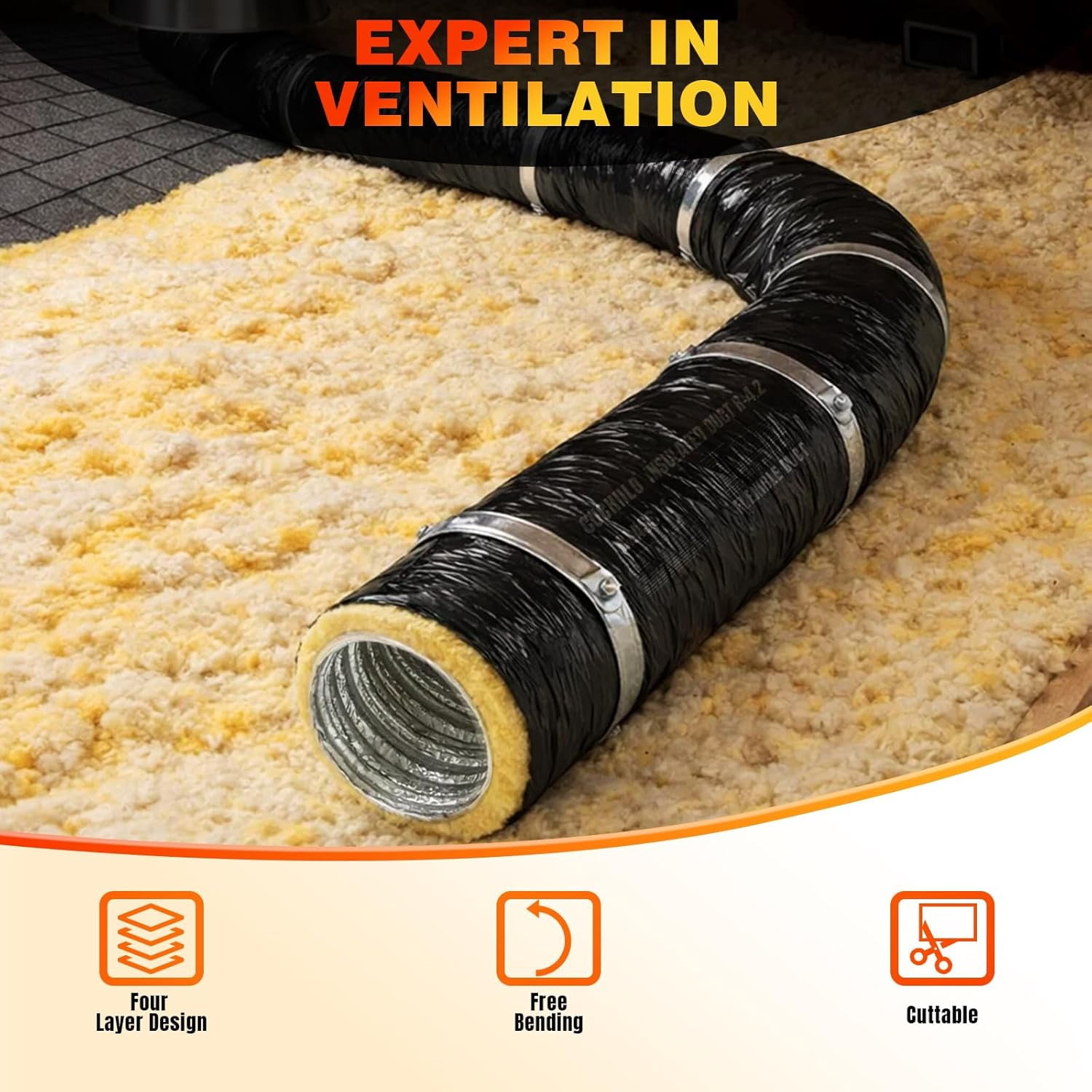 4 Inch Insulated Flexible Duct 25 FT, R4 HVAC Flex Duct Black Jacket, Owens Corning Fiberglass, Ventilation