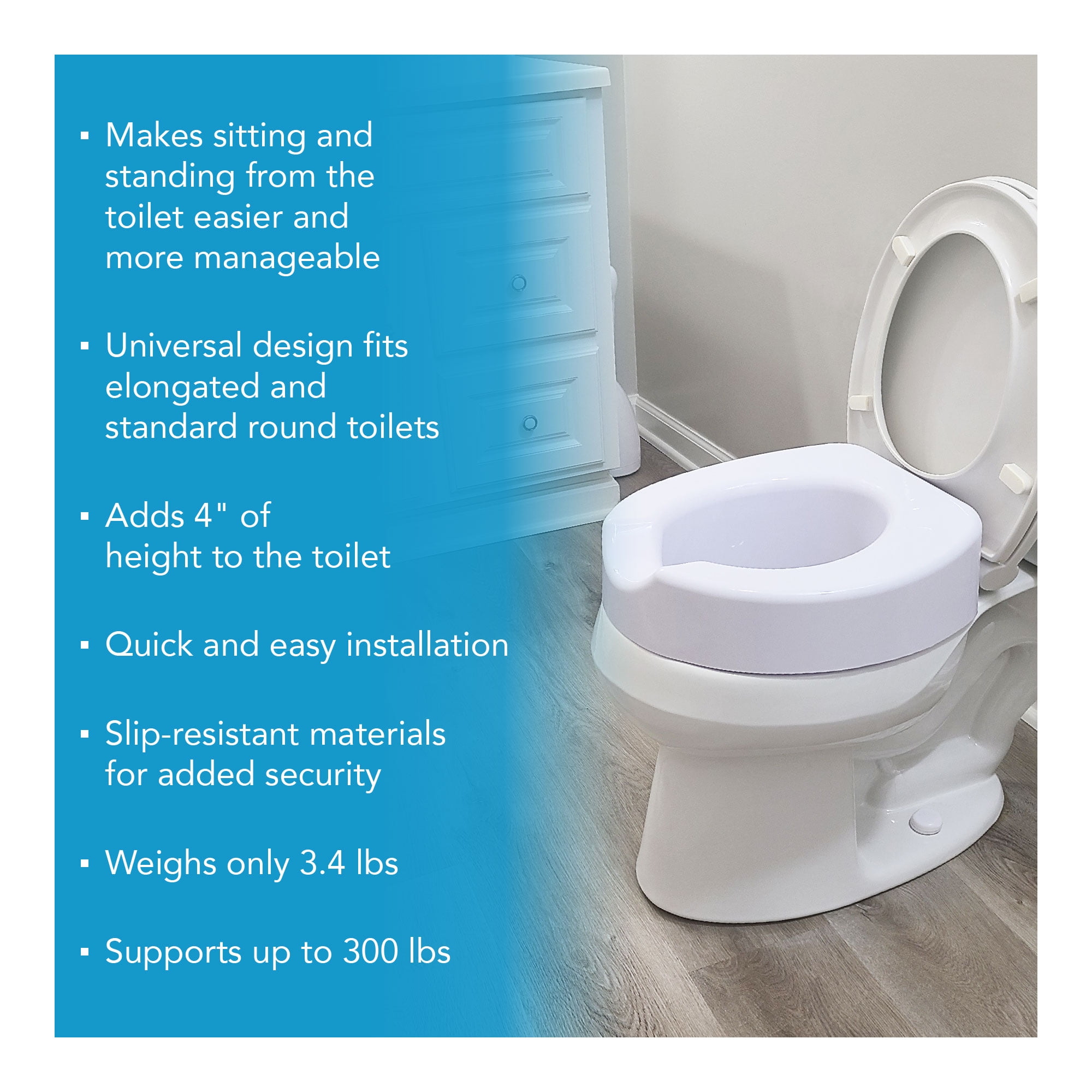 Carex Raised Toilet Seat with Quick Lock, Adds 4 in Height, White, 300 lb Limit