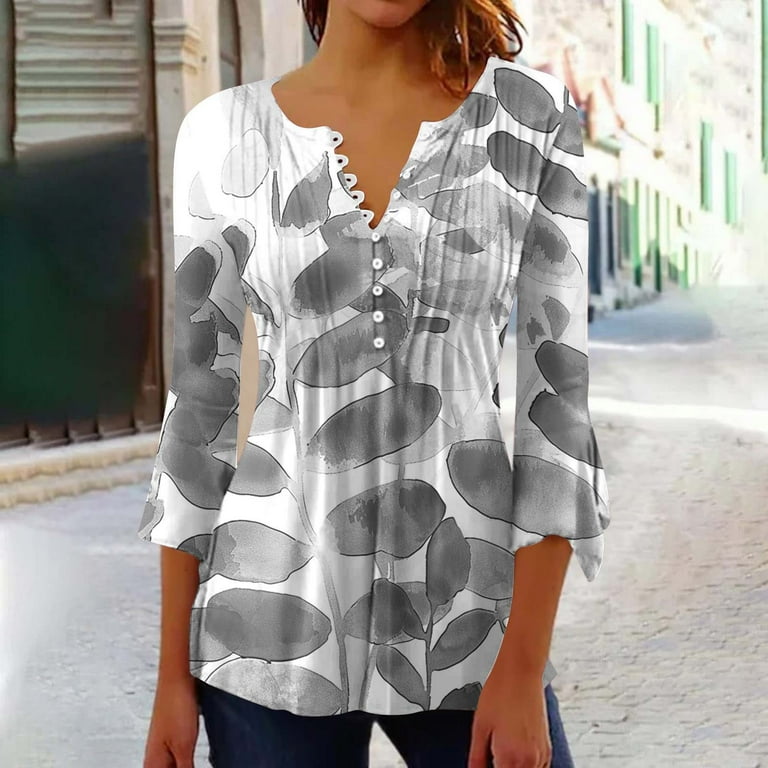 Lcziwo Women's 3/4 Sleeve Tunic Tops Fashion Floral Printed Henley Shirts Casual Dressy V Neck Button Blouses Loose Ruched Flowy Pullover Ofertas Fla