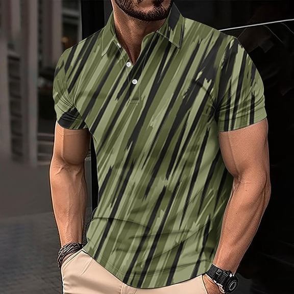 Fnnxeal Mens Big & Tall Performance Polo Shirt Short Sleeve Moisture Wicking Slim Fit Diagonal Stripe Olive Green Black Polo Top,Size L