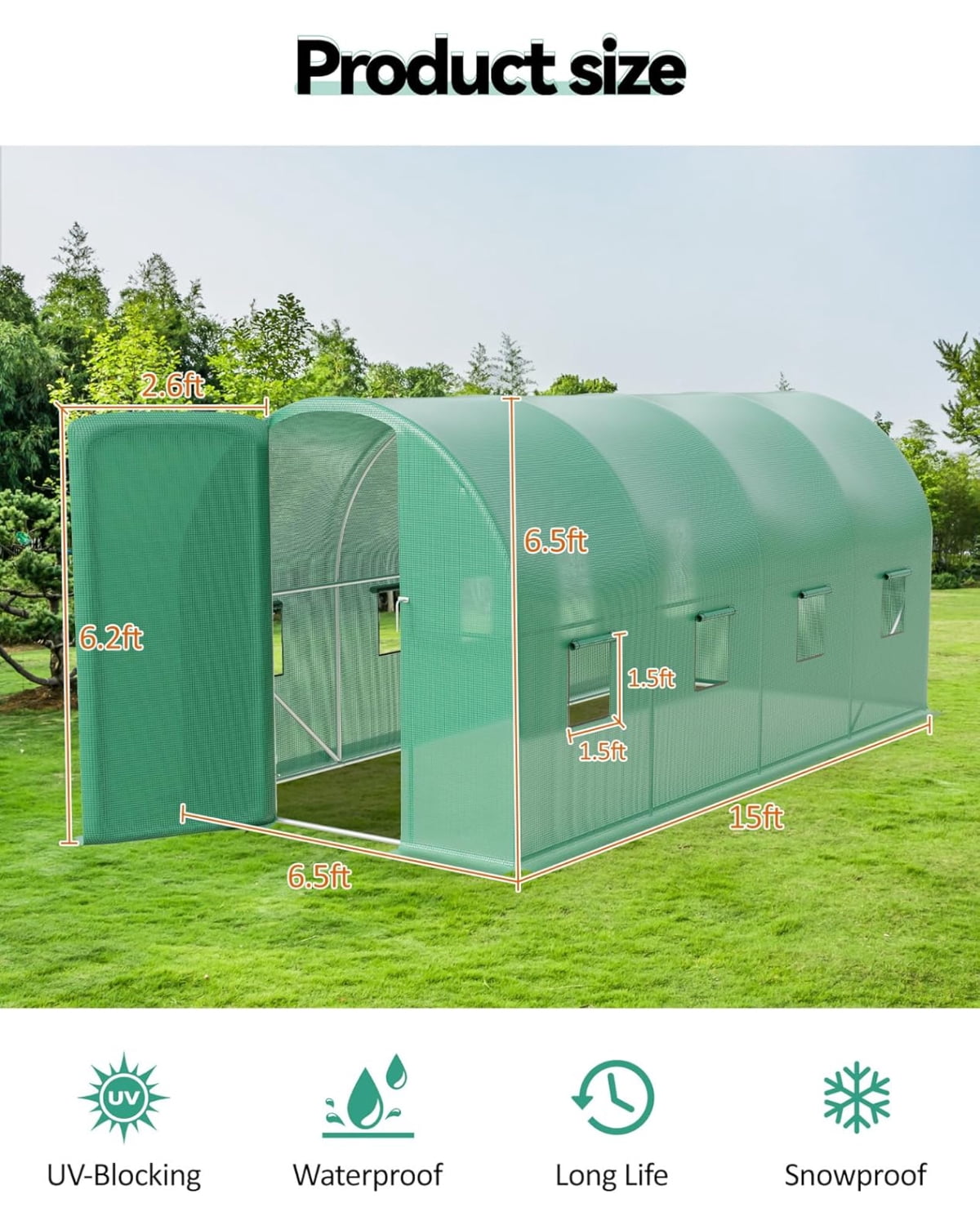 Emorefun Large Greenhouse, Heavy-Duty Walk in Tunnel Greenhouse with Swing Door & 8 Mesh Windows for Backyard Planting, 15x6.5x6.5 ft, Green