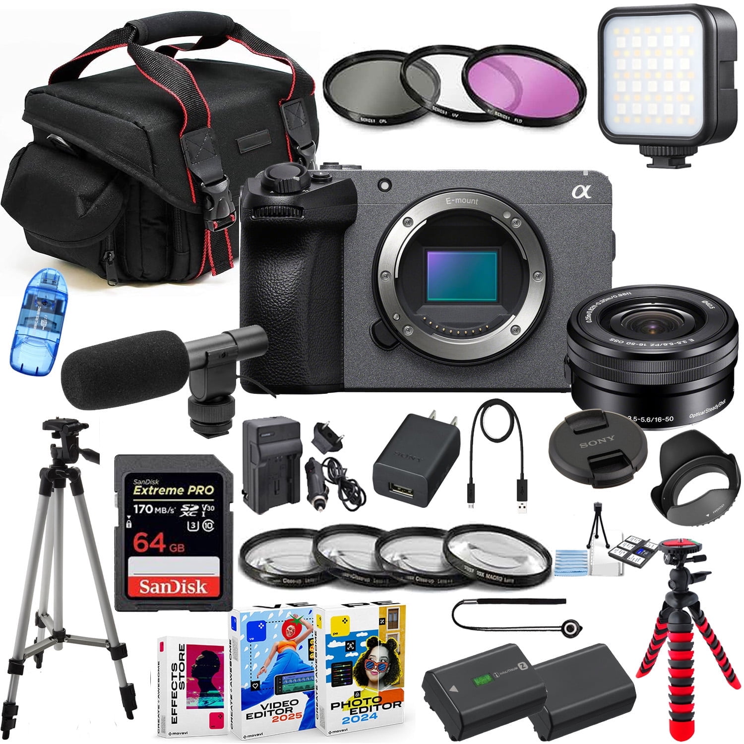 Sony ZV-E10 + 16-50mm Lens, LED Light, Microphone, 64GB, U-Grip
