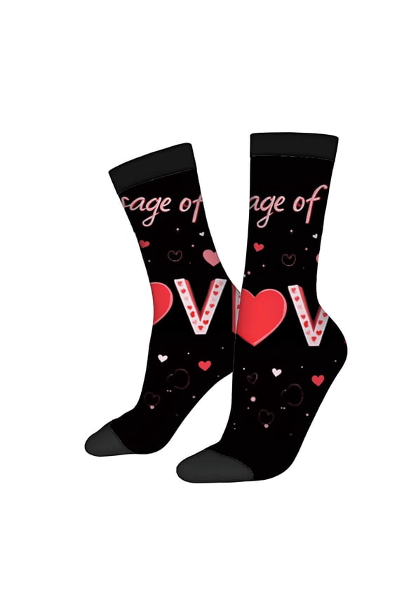 Four Seasons Universal Socks - 2 Pairs Unisex Trendy Socks with Large Red Heart ' V ' Design and Cute Pink Cursive ' age of ' Pattern