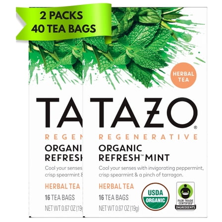 Pack of 2 - Tazo Organic Refresh Mint Herbal Tea Bags, Caffeine Free, 16 Tea Bags Total 32 Tea Bags