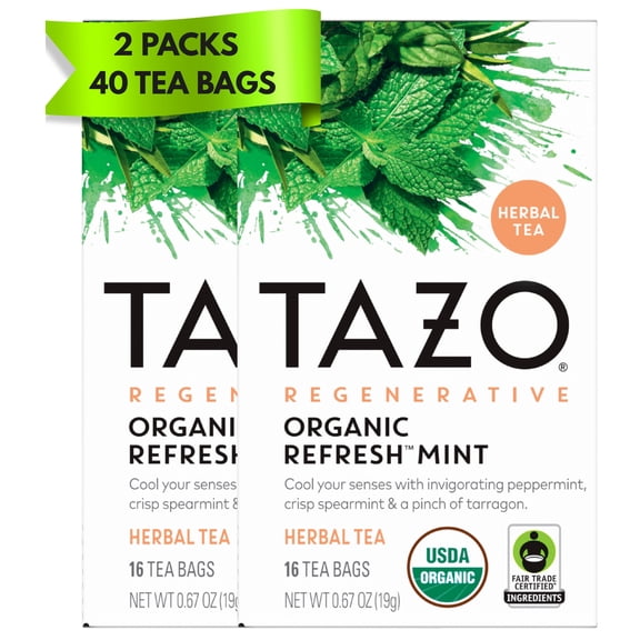 Pack of 2 - Tazo Organic Refresh Mint Herbal Tea Bags, Caffeine Free, 16 Tea Bags Total 32 Tea Bags