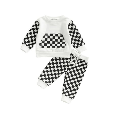 

Meihuida Toddler Baby Boys Girls 2PCS Pants Suit Long Sleeve Checkerboard Grid Crew Pullover Tops Long Pants Clothes