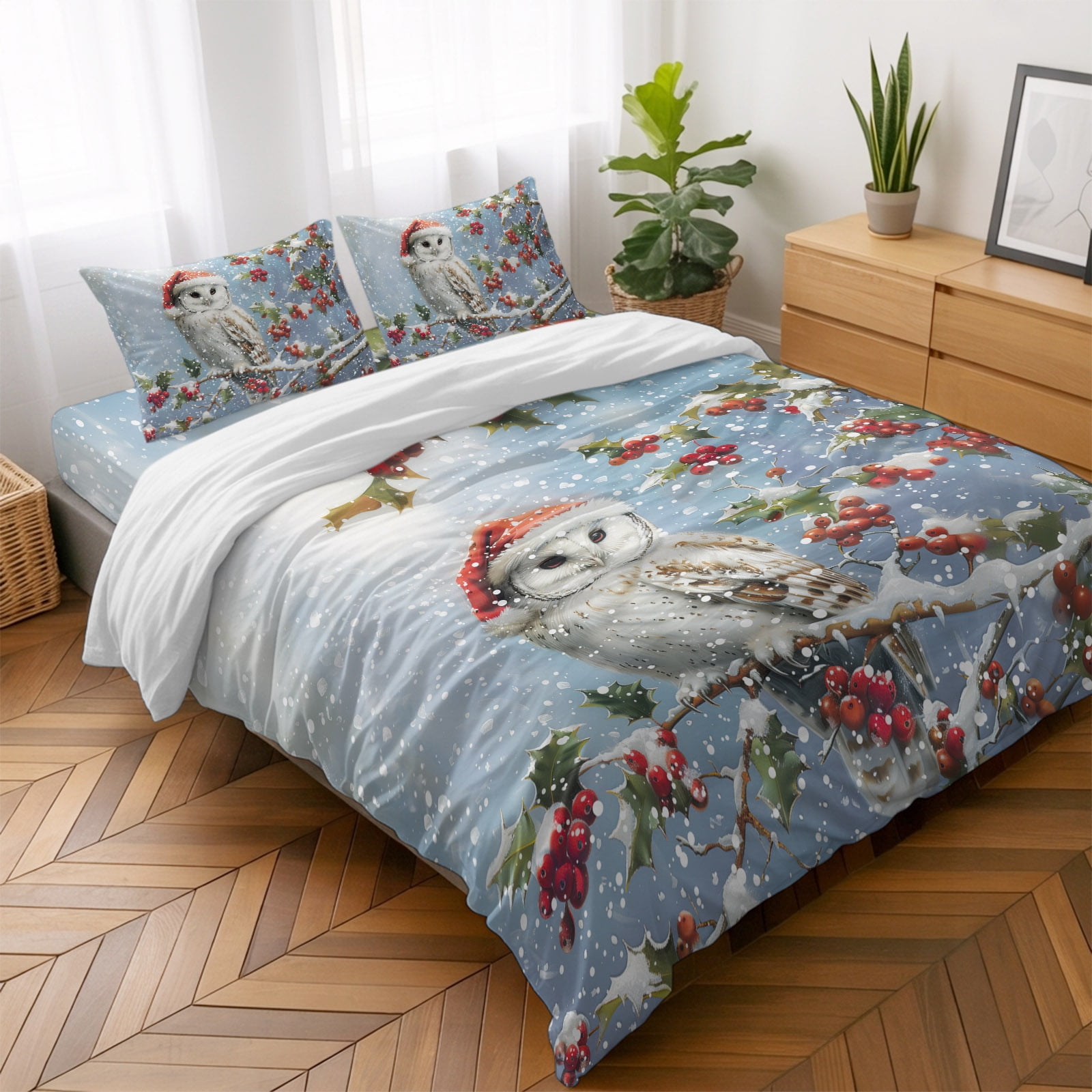 King 4 Piece Bedding Set Merry Christmas Santa Owl on Holly Branch Soft Breathable Duvet Cover with Pillow Shams Winter Landscape Duvet Cover Set Bed Sheets for Bedroom Dormitory Guest Room