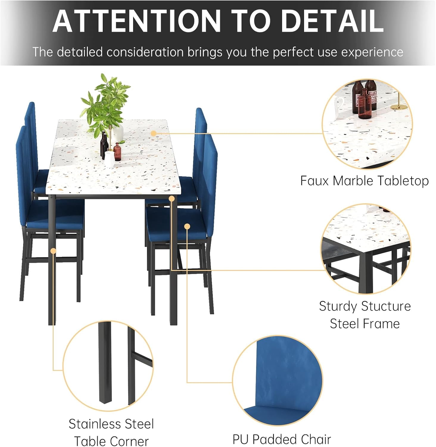4-person dining table set, modern artificial marble dining table set, kitchen table and chair set of 4 pieces, with 4 PU leather chairs, suitable for small spaces, apartments, restaurants,Blue