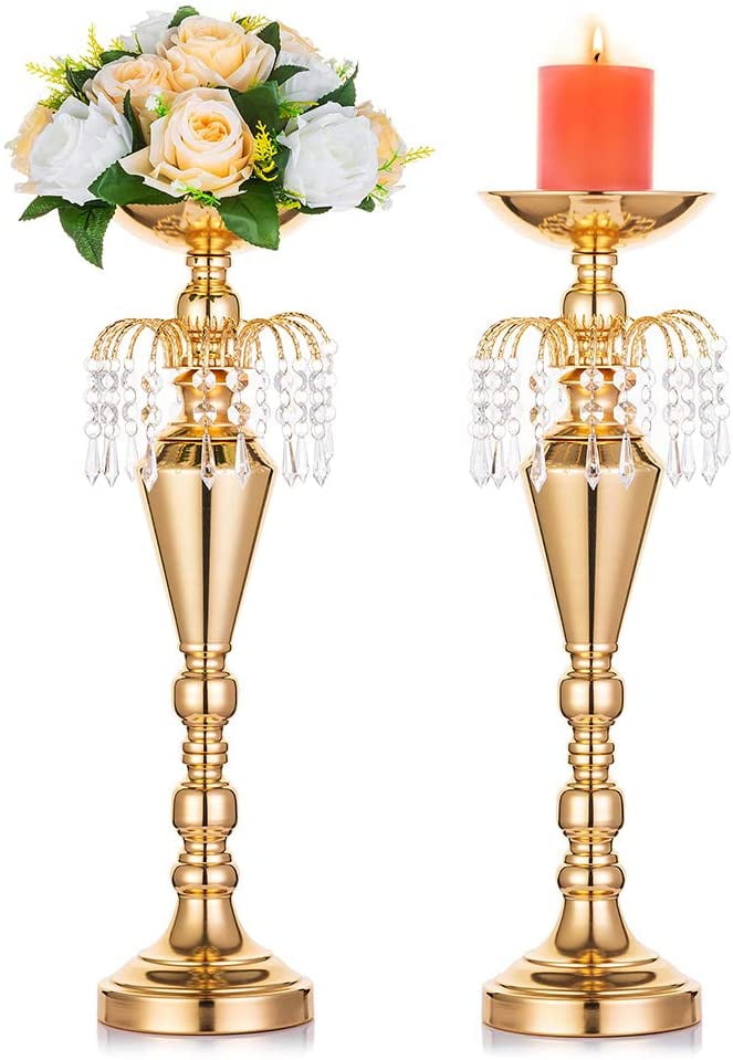 2 GOLD METAL 12" tall Pillar Candle Holders Risers Wedding Party