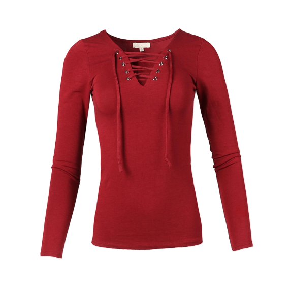 FashionOutfit Women's Casual Solid Front Lace Up V-Neck Long Sleeve Top