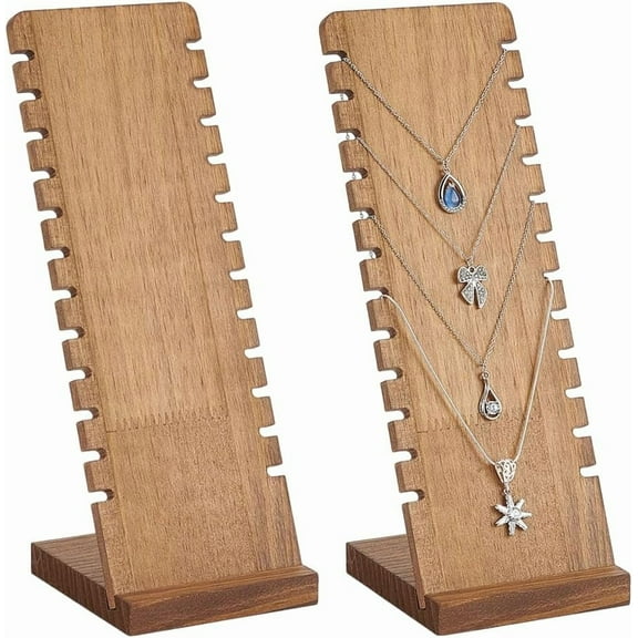 PH 12 Slots Necklace Display Stand 2pcs Wood Necklace Holder Rack Jewelry Display Stand Tabletop Boards for Vendor Retail Selling Necklaces Showcase Storage Organizer Brown