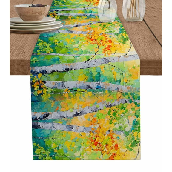Yellow Leaves Table Runner Cotton Linen 48 Inch Holiday Dresser Scarves, Modern Oil Painting Forest Green Tablerunner for Kitchen Coffee Dining Bedroom Home Living Room Dinner Scarf Décor 13''x48''