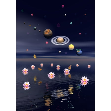 Planets of the solar system surrounded by several nebulae planets and flying butterflies upon the ocean covered with lotus flowers Poster