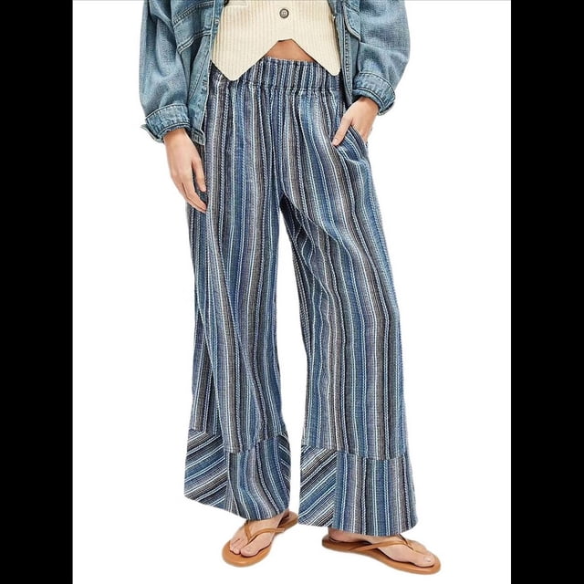 Pantalones de Rayas para Mujer, Cintura Alta, Pierna , Algodón y , Moda Playera, Cintura Elástica, Pantalones Casuales Sueltos. Azul M