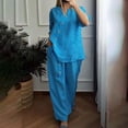 thumbnail image 2 of NMMUED Linen Sets for Women 2 Piece Summer Shirts Wide Leg Linen Pants Vacation Outfits 3/4 Sleeves Tops Wide Leg Trouser Pants Suits Cotton Linen Gauze Matching Set Women Blue L, 2 of 6