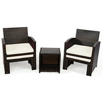 Patiojoy 5 PCS Patio Rattan Wicker Furniture Set Chair Coffee Table Kit w/Soft Cushion Ottoman White