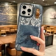 thumbnail image 2 of Denim & Lace Material for iPhone 15 Plus Case with Card Holder & Finger Strap, Slim Fit Shockproof TPU Bumper, Drop Protection Fashion Lightweight Phone Case Cover for Women Girls, Darkblue, 2 of 9