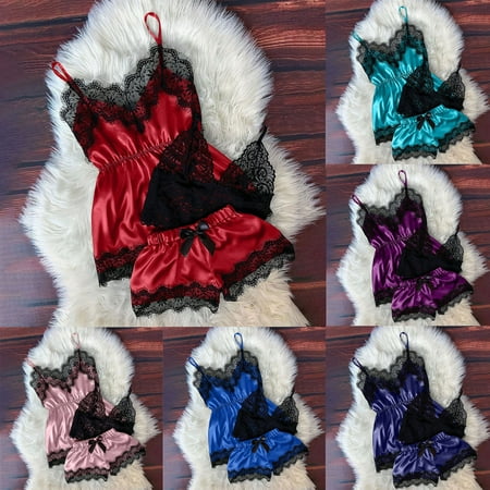 

Rong Yun Women V-Neck Eyelash Lace Sexy Stain Camisole Pajamas Bowknot Shorts Set