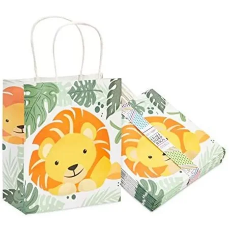 15 Pack Small Lion Jungle Paper Gift Bags with Handle for Birthday Party, 8 x 9"