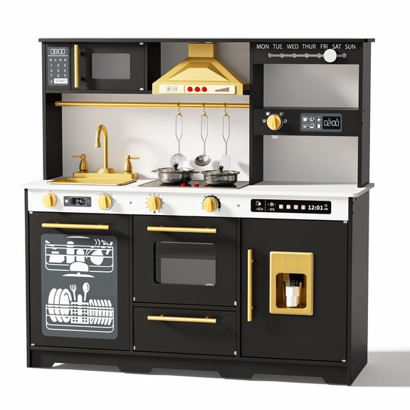 AILEEKISS Kids Toy Kitchen for Children, Pretend Kids Play Kitchen Set with Cooking Accessories, Black