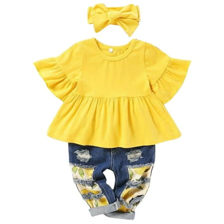 

BJUTIR Girls Summer Outfits 3 Piece Set Baby Bell Sleeve Top Sunflower Patch Jeans Pants Headband Cover Spring Autumn
