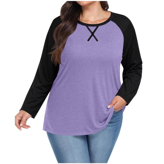 lcziwo Women's Plus Size Tops Color Block Tee Long Sleeve Baseball Shirts for Women Crew Neck Loose Fit Tunic Top 2026 Purple,XL