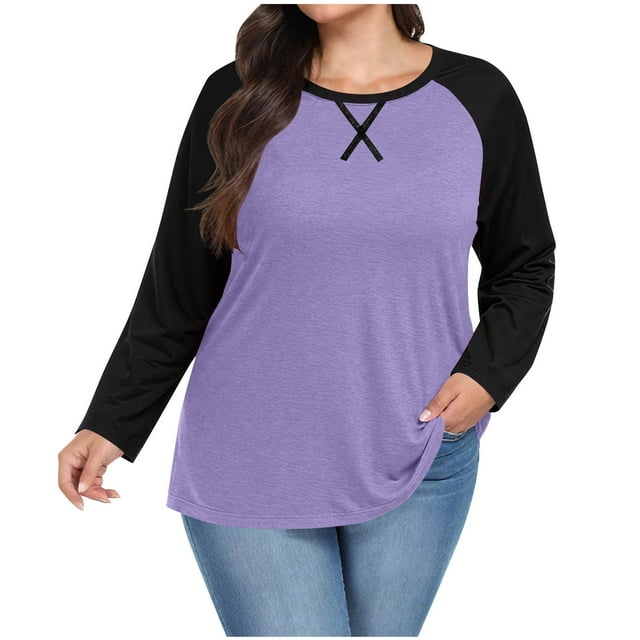 BLVB Hauts Grande Taille pour Femmes Manches Longues Décontractés Col Ras du Cou Chemises Ragal Tunique à Blocs de Couleur Henley Blouse d'Automne P-5TG